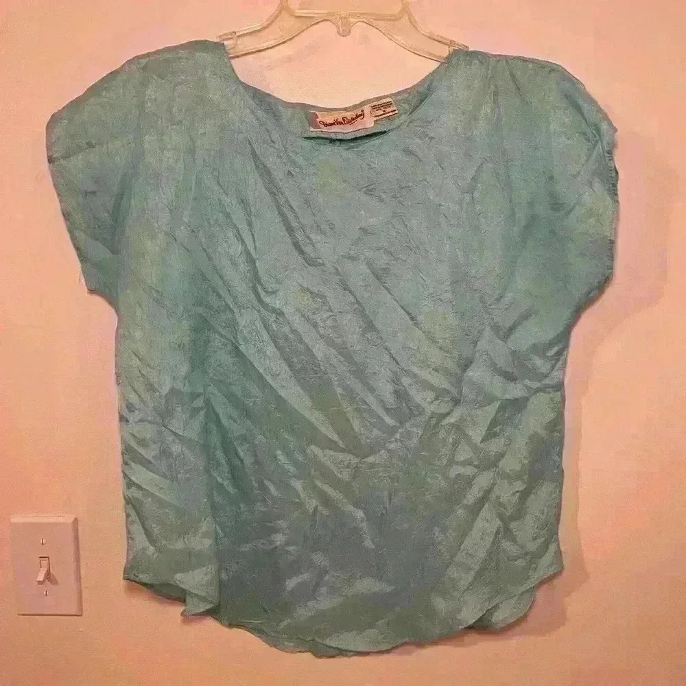 Vintage Diane Von Furstenberg Mint Blue Crinkle Dolman Sleeve Top Small